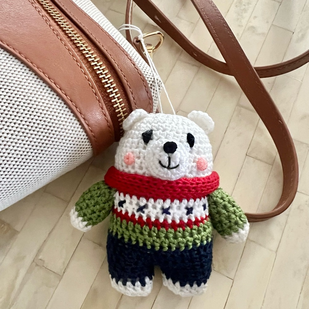 Crochet Bear Keychain/ bag charm with Red and Green Sweater